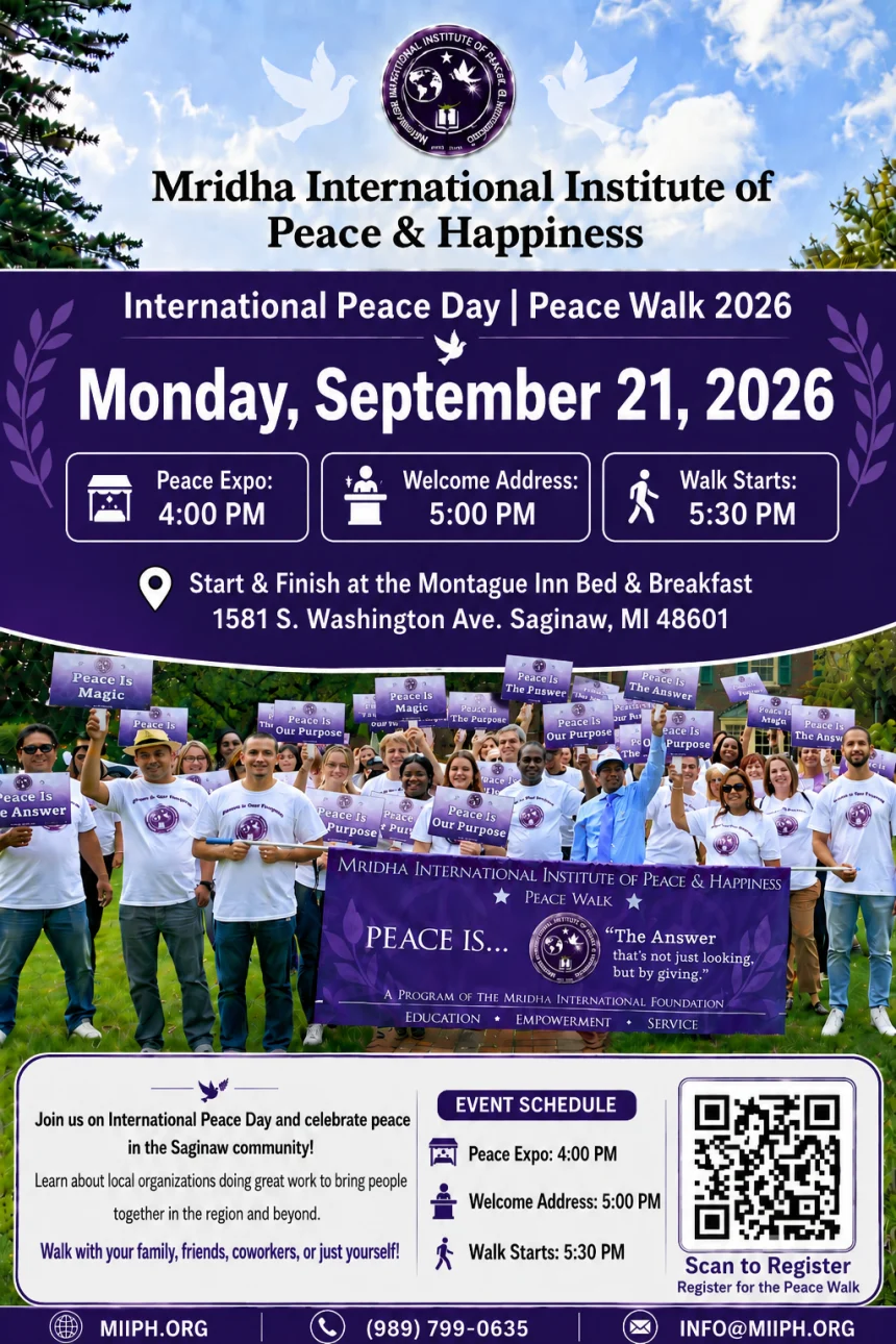International Peace Day – Peace Walk 2026 flyer: Monday, September 21, 2026 at 5:00 PM, starting and finishing at the Montague Inn Bed & Breakfast, 1581 S. Washington Ave, Saginaw, MI 48601.